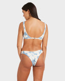 Woman wearing a blue and white patterned bikini on a plain background Volcom Make Us Shine Tank Bikini Top - Bay Blue