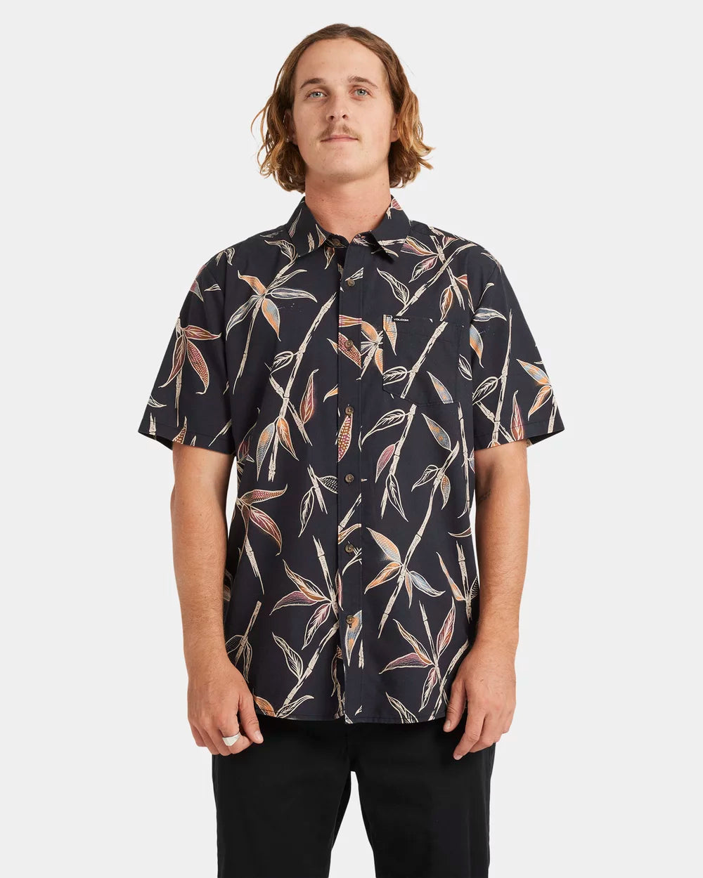 Man wearing a black patterned shirt on a white background Volcom Scaler Stone Woven SS Shirt - Vintage Black