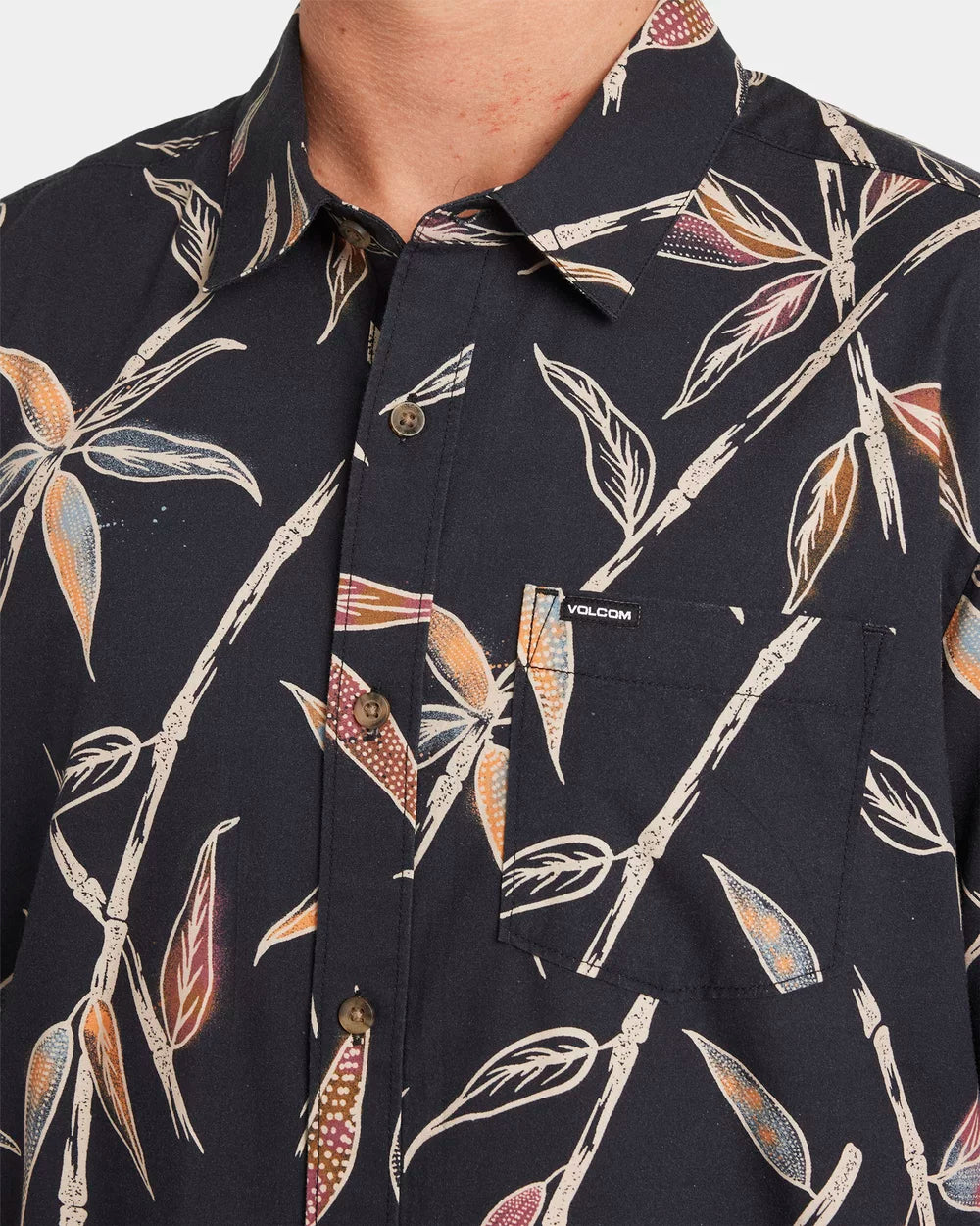 Black button-up shirt with bamboo leaf pattern on a white background Volcom Scaler Stone Woven SS Shirt - Vintage Black
