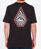 A black crew neck t-shirt with a graphic print of an eye inside a diamond shape on the back.