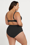 Woman wearing a black swimsuit on a white background