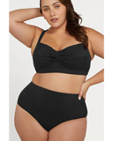 Front view of the Artesands Aria Botticelli underwire bikini top in black showing the elegant faux knot detail.