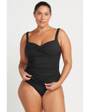 Front view of the black Artesands Aria Botticelli tankini top featuring a flattering faux wrap neckline loop twist.