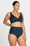 Close-up detail of the inner 360-degree powermesh lining and premium recycled fabric on the navy Artesands curve-fit swim brief.