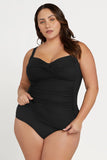 Side profile of the Artesands Botticelli tankini top showing the generous drawstring tie-side ruching panel.