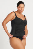 Side profile of the Artesands Botticelli tankini top showing the generous drawstring tie-side ruching panel.