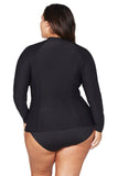 Back view of the plus size Artesands Hues long sleeve swim shirt showing the smooth back panel and flattering raglan lines.