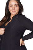 Close-up detail of the durable full-length front zipper and clean-finish wrist cuffs on the black Artesands long sleeve rash top.