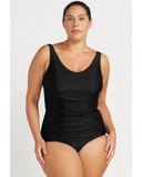 Front view of the black Artesands Hues Raphael tankini top showing the classic crossover ruching and long torso length.