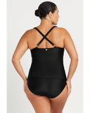 Back view of the black Artesands Raphael tankini top highlighting adjustable wide straps criss cross option and upper back scoop line.