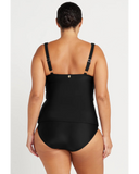 Back view of the black Artesands Raphael tankini top highlighting adjustable wide straps and upper back scoop line.