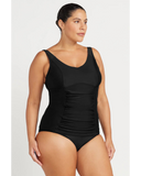 Front view of the black Artesands Hues Raphael tankini top showing the classic crossover ruching and long torso length.