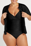 Black swimsuit with a matching cover-up on a white background