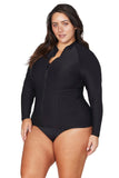 Woman wearing a black zip-up swimsuit on a white background