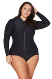 Front view of the Artesands Hues Sun Safe long sleeve zip front rash top in black showing full arm coverage and central zip.