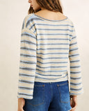 A woman shown from the back wearing a cream-colored knit sweater with thin blue and gray horizontal stripes, paired with blue jeans, against a plain beige background.