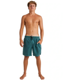 Billabong All Day OD Shorts in Marine Green front view showing the comfortable elastic waistband adjustment drawcord and subtle lower leg brand logo detail, sold by Point Break Cambridge local family surf shop at 63 Duke street.