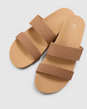 Billabong Ava Slide Sandal in Desert Daze multi print front view showing the elegant open toe dual strap configuration and clean minimalist casual slide layout, sold by Point Break Cambridge local family surf shop at 63 Duke street.