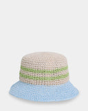 Billabong Beach Club Hat in Multi back view highlighting the colourful striped paper straw weave fitted bucket hat crown gently sloping brim and distinctive retro-inspired coastal design, sold by Point Break Cambridge local family surf shop at 63 Duke Street.