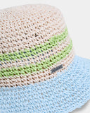 Billabong Beach Club Hat in Multi close up view highlighting the detailed 100% paper straw weave vibrant colourblock stripe pattern quality woven construction comfortable interior sweatband and signature Billabong metal branding plaque, sold by Point Break Cambridge local family surf shop at 63 Duke Street.