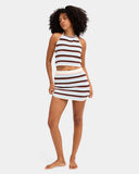 Billabong Beach Crush Knit Skirt in Multi front view showcasing the vibrant multicoloured stripe knit pattern flattering fitted mini skirt silhouette comfortable elasticated waistband and delicate scalloped hemline, sold by Point Break Cambridge local family surf shop at 63 Duke Street.