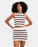 Billabong Beach Crush Knit Skirt in Multi front view showcasing the vibrant multicoloured stripe knit pattern flattering fitted mini skirt silhouette comfortable elasticated waistband and delicate scalloped hemline, sold by Point Break Cambridge local family surf shop at 63 Duke Street.