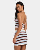 Billabong Beach Crush Knit Top in Multi back view highlighting the colourful striped cotton knit construction comfortable fitted silhouette sleeveless halter design and signature Billabong metal logo plate at the back neckline, sold by Point Break Cambridge local family surf shop at 63 Duke Street.