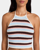 Billabong Beach Crush Knit Top in Multi close up view highlighting the premium 100% cotton knitted fabric texture colourful stripe pattern intricate scalloped hem detailing self-bound neckline and armholes and signature Billabong metal branding plate, sold by Point Break Cambridge local family surf shop at 63 Duke Street.