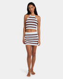 Billabong Beach Crush Knit Top in Multi front view showcasing the vibrant multicoloured stripe knit pattern flattering fitted sleeveless silhouette halter neckline and delicate scalloped hemline, sold by Point Break Cambridge local family surf shop at 63 Duke Street.