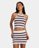 Billabong Beach Crush Knit Top in Multi front view showcasing the vibrant multicoloured stripe knit pattern flattering fitted sleeveless silhouette halter neckline and delicate scalloped hemline, sold by Point Break Cambridge local family surf shop at 63 Duke Street.