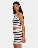 Billabong Beach Crush Knit Top in Multi side profile view showcasing the flattering fitted sleeveless design comfortable halter neckline soft cotton knit texture vibrant multicoloured stripes and delicate scalloped hem detailing, sold by Point Break Cambridge local family surf shop at 63 Duke Street.