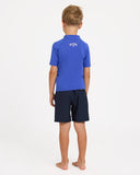 Billabong Boys Groms All Day Arch Rashguard in Cobalt blue back view showing the relaxed straight toddler silhouette drape and premium protective flatlock structural seam stitching layouts, sold by Point Break Cambridge local family surf shop at 63 Duke street.