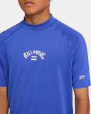 Billabong Boys All Day Arch UPF 50 Rashguard in Cobalt blue close up view highlighting the premium ultra-soft silk-touch stretch fabric weave texture and durable friction-free flatlock seam alignment, sold by Point Break Cambridge local family surf shop at 63 Duke street.