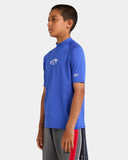 Billabong Boys All Day Arch UPF 50 Rashguard in Cobalt blue side profile view highlighting the streamlined underarm gusset paneling line and flexible high-stretch raglan sleeve architecture, sold by Point Break Cambridge local family surf shop at 63 Duke street.