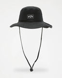 Billabong Boys Big John Surf Safari Hat in Black front view showing the structured youth canvas crown wide protective down sloped sun brim adjustable toggle chin cord and classic brand embroidery layout, sold by Point Break Cambridge local family surf shop at 63 Duke street.