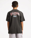 Billabong Boys Heritage Arch Short Sleeve Tee in Raven back view highlighting the bold large centre back Billabong Heritage Arch screen printed artwork classic dark Raven colourway comfortable regular fit and breathable cotton jersey construction, sold by Point Break Cambridge local family surf shop at 63 Duke Street.