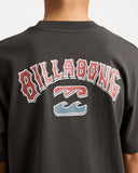 Billabong Boys Heritage Arch Short Sleeve Tee in Raven close up view highlighting the soft 180gsm cotton jersey fabric texture quality stitching classic crew neckline and detailed Billabong Heritage Arch screen printed graphic, sold by Point Break Cambridge local family surf shop at 63 Duke Street.