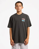 Billabong Boys Heritage Arch Short Sleeve Tee in Raven front view showcasing the classic crew neckline comfortable regular fit soft 100% cotton jersey fabric short sleeves and signature Billabong Heritage Arch left chest screen print, sold by Point Break Cambridge local family surf shop at 63 Duke Street.