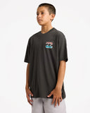 Billabong Boys Heritage Arch Short Sleeve Tee in Raven side profile view showcasing the comfortable regular fit silhouette relaxed short sleeves lightweight cotton jersey fabric and timeless surf-inspired everyday styling, sold by Point Break Cambridge local family surf shop at 63 Duke Street.