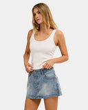 Billabong Dream On Skirt in Ocean Wash blue front view showing the comfortable tailored waistband traditional button closure zip fly layout and clean casual relaxed lower hemline profile, sold by Point Break Cambridge local family surf shop at 63 Duke street.