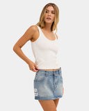 Billabong Dream On Skirt in Ocean Wash blue front view showing the comfortable tailored waistband traditional button closure zip fly layout and clean casual relaxed lower hemline profile, sold by Point Break Cambridge local family surf shop at 63 Duke street.