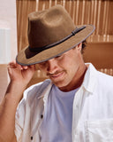 Front view of the Billabong Dutton Fedora hat in Brown Olive showing the structured high crown and wide brim.
