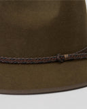 Close-up detail of the braided leather crown band with custom metal slide and tip hardware on the Billabong hat.