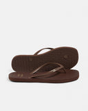 Billabong Fiji Square Toe Jandal in Brown front view showing the elegant open toe thong configuration and clean minimalist vegan leather straps with a modern square footbed layout, sold by Point Break Cambridge local family surf shop at 63 Duke street.