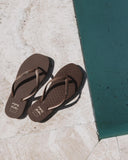 Billabong Fiji Square Toe Jandal in Brown front view showing the elegant open toe thong configuration and clean minimalist vegan leather straps with a modern square footbed layout, sold by Point Break Cambridge local family surf shop at 63 Duke street.