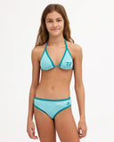 Billabong Girls Billa Star Tri Set in Misty Blue front view showcasing the stylish two-piece bikini design adjustable halter triangle top contrast binding details coordinating medium-coverage swim bottoms and playful coastal-inspired placement prints, sold by Point Break Cambridge local family surf shop at 63 Duke Street.