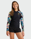 Front view of the Billabong Girls In Da Jungle long sleeve sunshirt in black showing the printed sleeves and chest logo.
