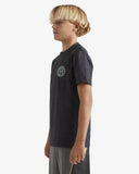 Close-up detail of the smooth Black Heather performance fabric texture and anti-chafing collar line on the kids' Billabong swim tee.