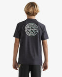 Back view of the youth Billabong Rotar Shoreline short sleeve sun top displaying the large core branding graphic across the shoulders.
