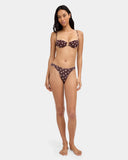 Billabong Hot Shot Remi Tri Bikini Top in Teak front view showcasing the flattering triangle bikini silhouette adjustable sliding cups soft crepe-textured stretch fabric delicate pineapple charm at the centre front and rich earthy brown colourway, sold by Point Break Cambridge local family surf shop at 63 Duke Street.